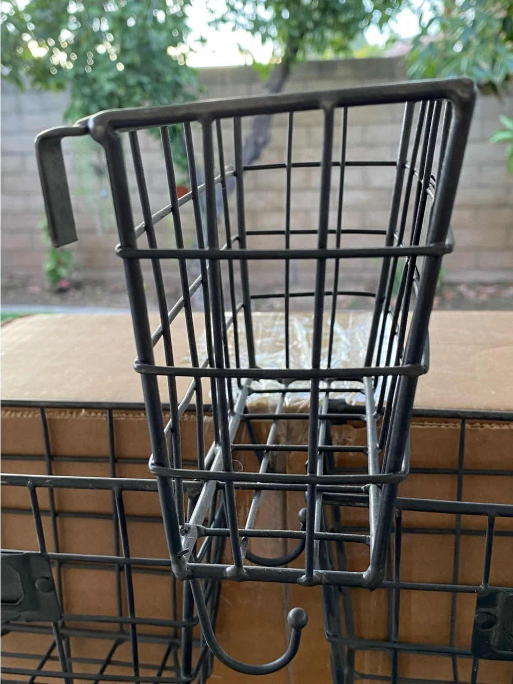 Set of 3 Industrial Black Metal Wire Baskets with Hooks